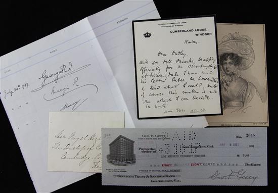 Group of signed documents- Prince Albert letter 1911, George V & Queen Mary 1917, George F. Getty 1917 and |Princess Beatrice c.1870.